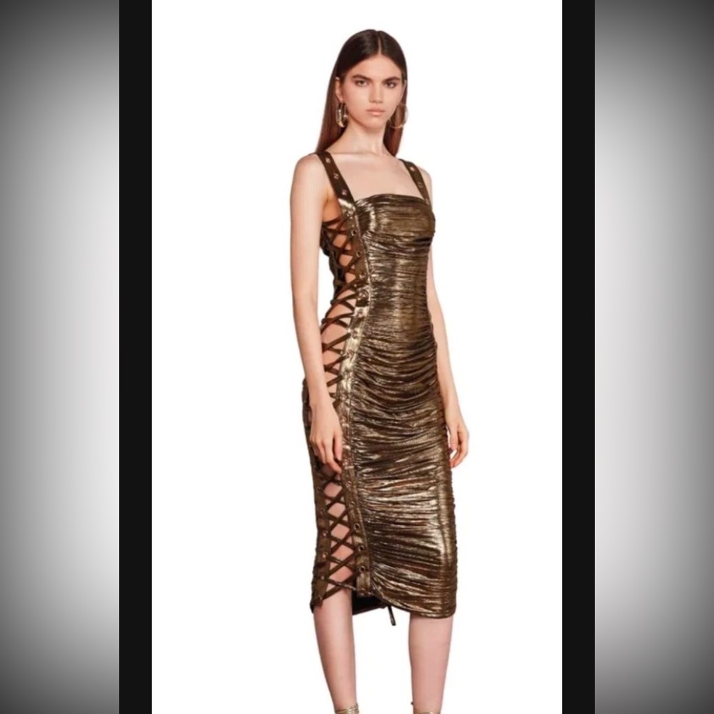 Bronx And Banco Mimi Midi Gold Dress New  With Tags